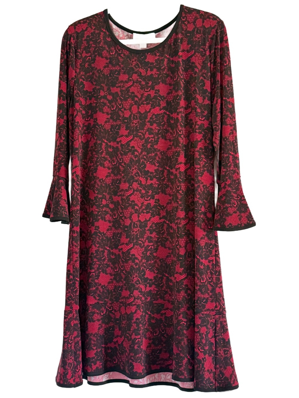 MICHAEL Michael Kors Red and Black Floral Lace-Print Long Sleeve Dress